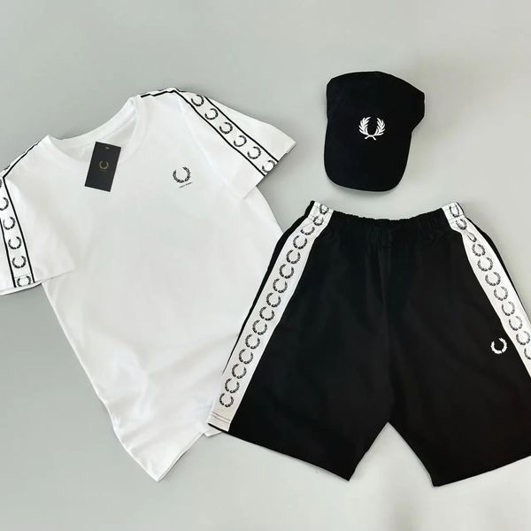 Мужской летний костюм Fred Perry Футболка Шорты Кепка белый с черным Комплект Фред Перри с лампасами Will-FP0015 фото