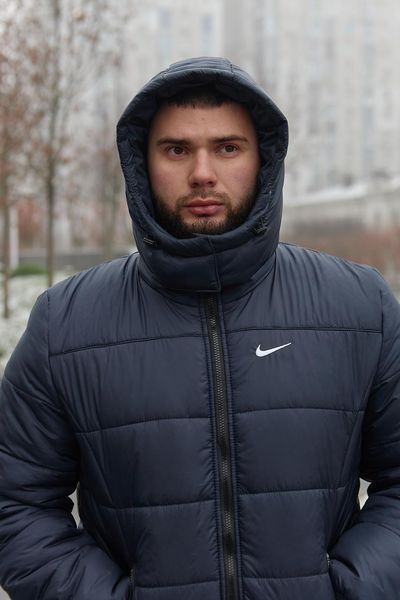 Мужская зимняя куртка Nike синяя Пуховик Найк с капюшоном Intr-1590495450 фото