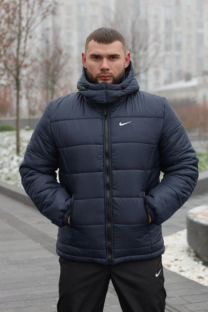 Мужская зимняя куртка Nike синяя Пуховик Найк с капюшоном Intr-1590495450 фото