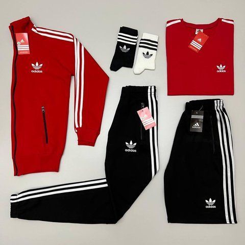 Мужской набор Adidas 5в1 черный с красным Набор Адидас Олимпийка Штаны Шорты Футболка Хар-47 фото