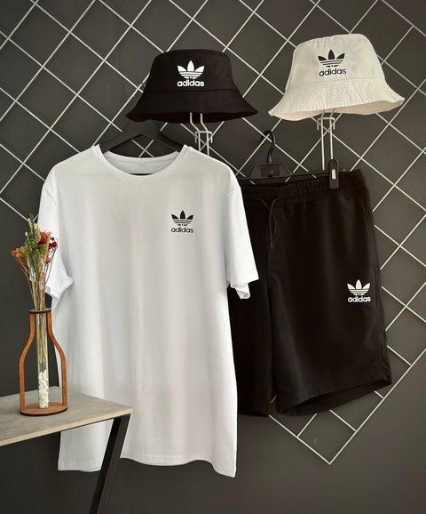 Мужской летний костюм 3в1 Adidas Футболка Шорты Панамка комплект Адидас белый с черным Rap-RD181/RD212/ПАНАМА фото