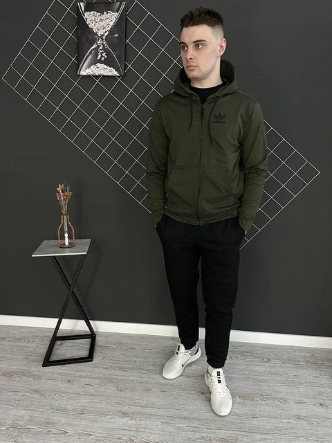 Мужской спортивный костюм Adidas на молнии черный с хаки Комплект Адидас Худи Штаны Rap-RD123/RD127 фото