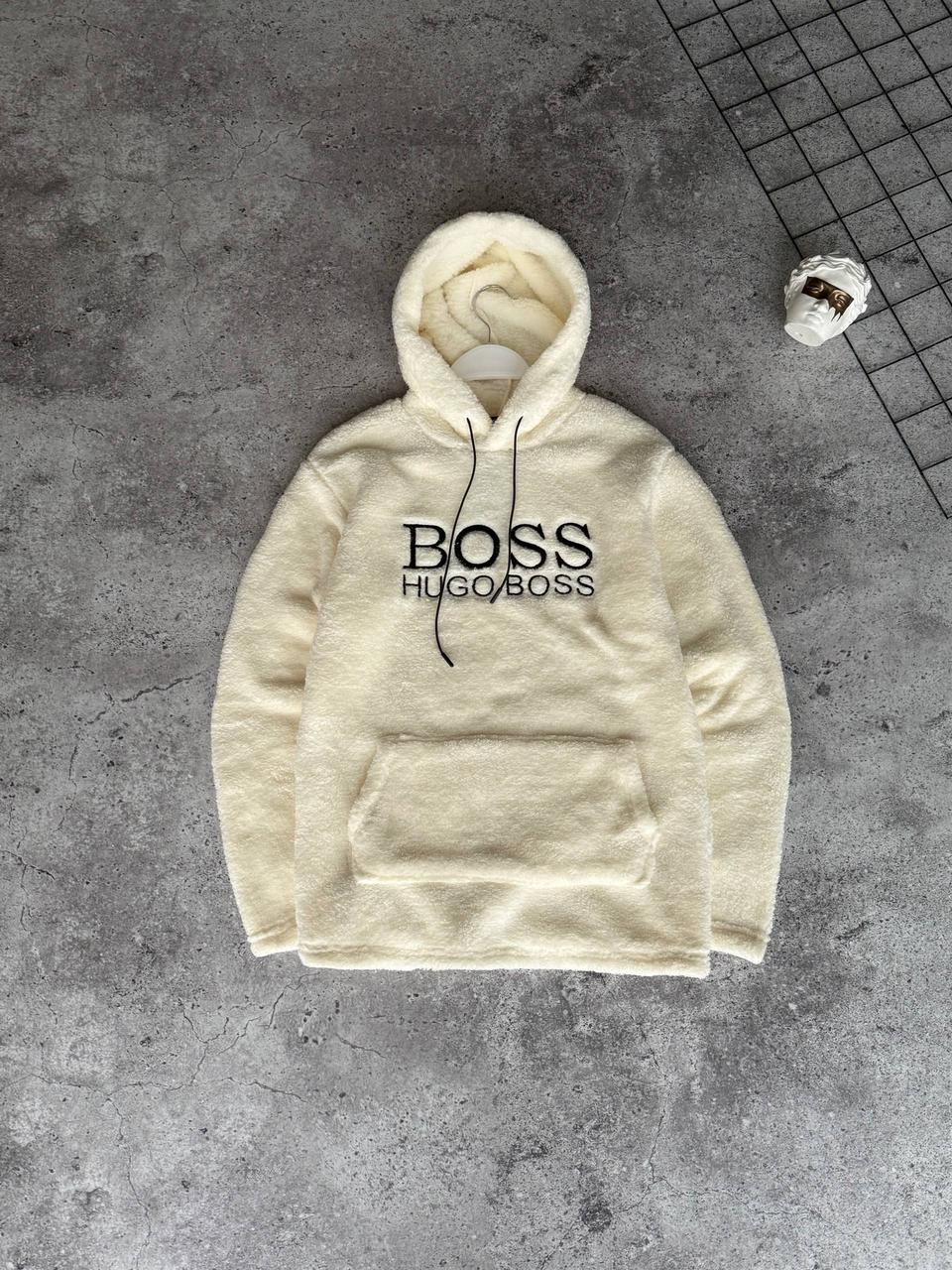 Мужской зимний худи Boss плюшевое белое