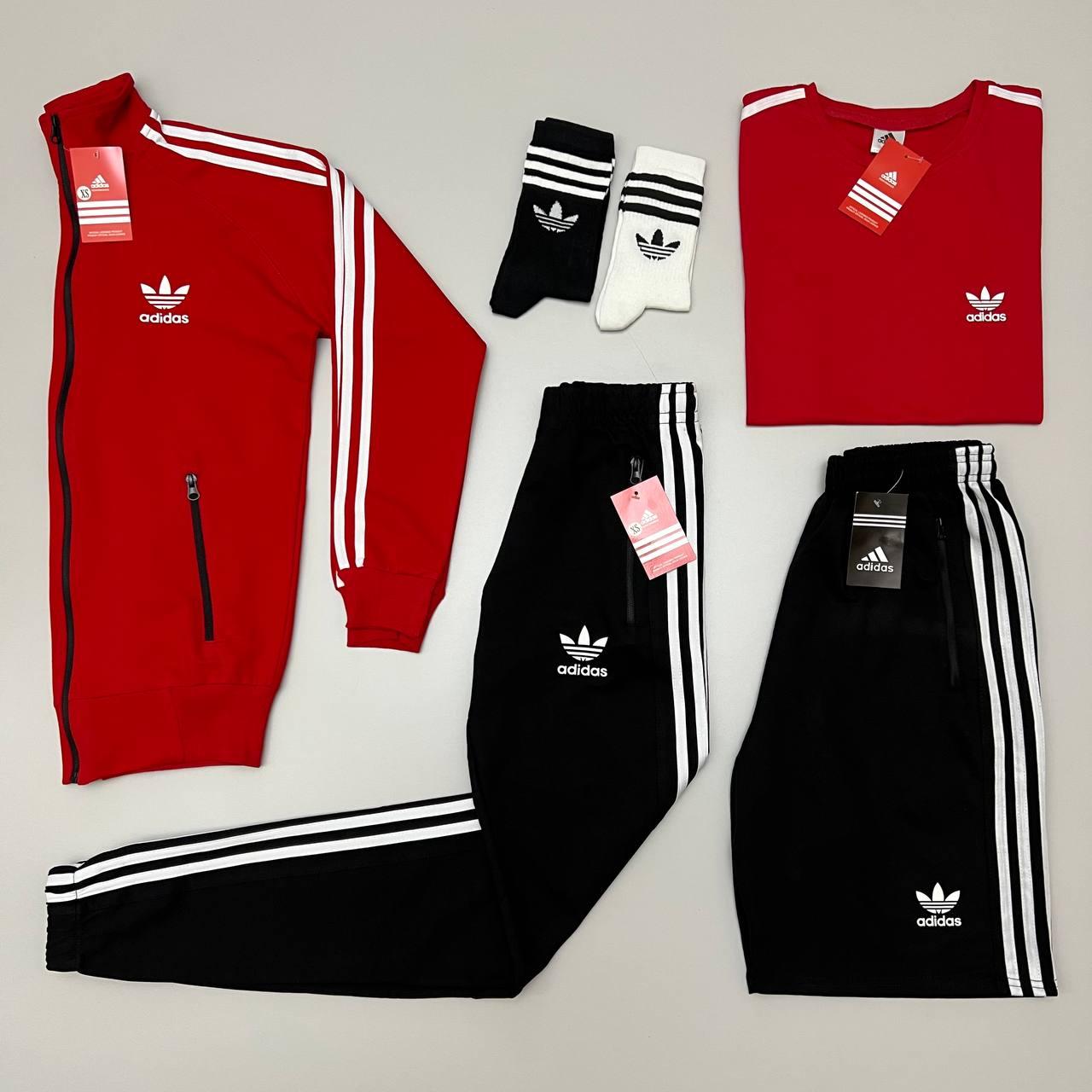 Чоловічий набір Adidas 5в1 чорний з червоним Комплект Адідас Олімпійка Штани Шорти Футболка