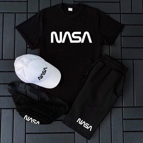 Мужской летний костюм Nasa Футболка Шорты Кепка Барсетка черный Комплект Наса Ow-149 фото