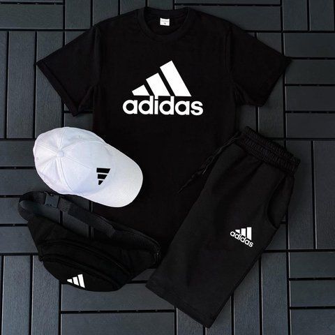 Чоловічий літній костюм Adidas Футболка Шорти Кепка Барсетка чорний Ow-131 фото