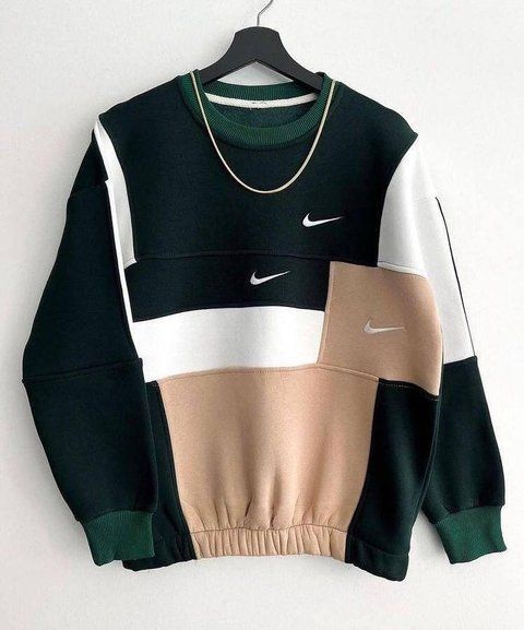 Мужской зимний свитшот Nike на флисе трицветный зеленый Кофта Найк без капюшона Will-53 фото