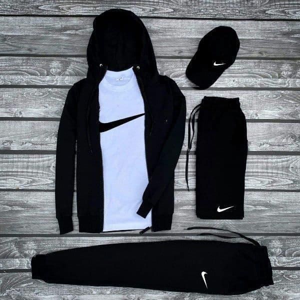 Чоловічий спортивний костюм Nike 5в1 чорний Комплект Найк Кофта Штани Футболка Шорти Кепка Hot-21 фото