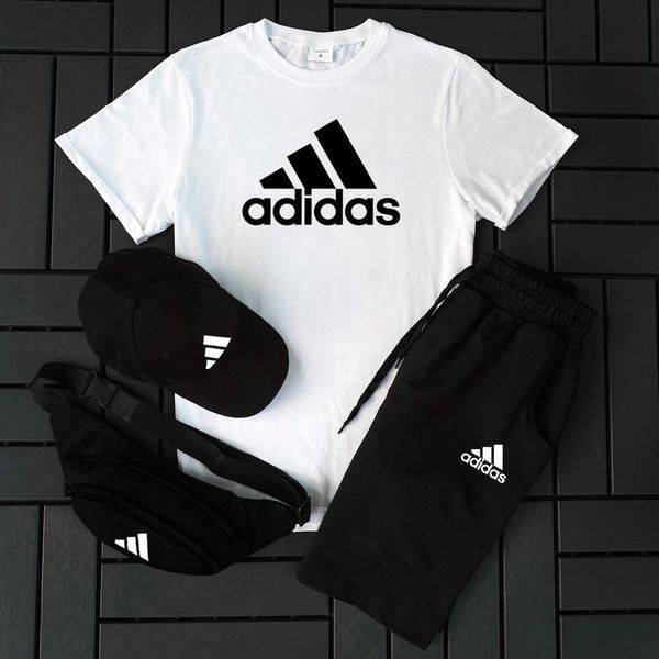 Мужской летний костюм Adidas Футболка Шорты Кепка Барсетка черный Ow-131 фото