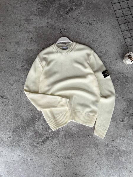 Мужской свитшот Stone Island вязаный молочный Кофта Стон Айленд без капюшона Моло-B/376 фото