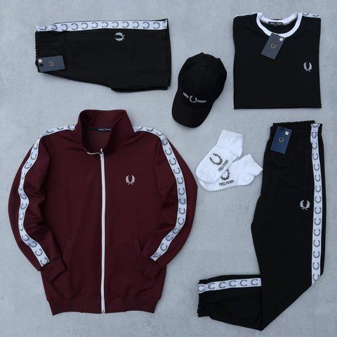 Чоловічий набір Fred Perry 6в1 бордовий з чорним Комплект Фред Перрі Кофта Штани Шорти Футболка Кепка Хар-621 фото