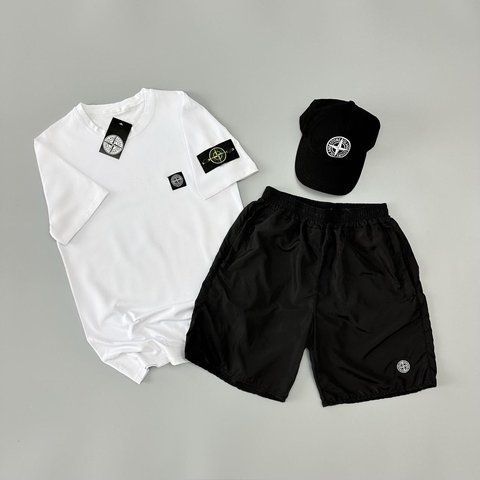 Чоловічий літній костюм Stone Island Футболка Шорти Кепка білий із патчем Стон Айленд Will-SS0021 фото