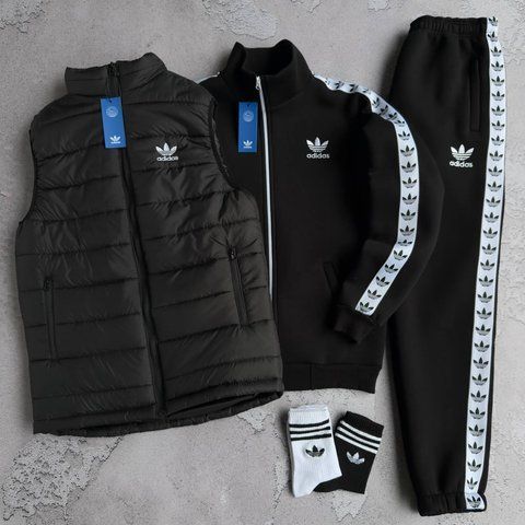 Мужской зимний спортивный костюм Adidas 3в1 черный Набор Адидас Костюм Жилетка без капюшона Хар-706 фото