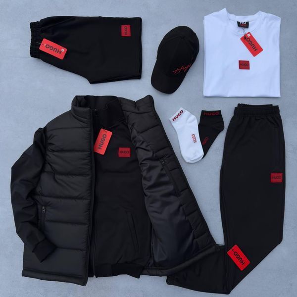 Мужской спортивный костюм Hugo Boss 8в1 черный Комплект Хьюго Босс Костюм Жилетка Футболка Шорты Кепка Хар-634 фото