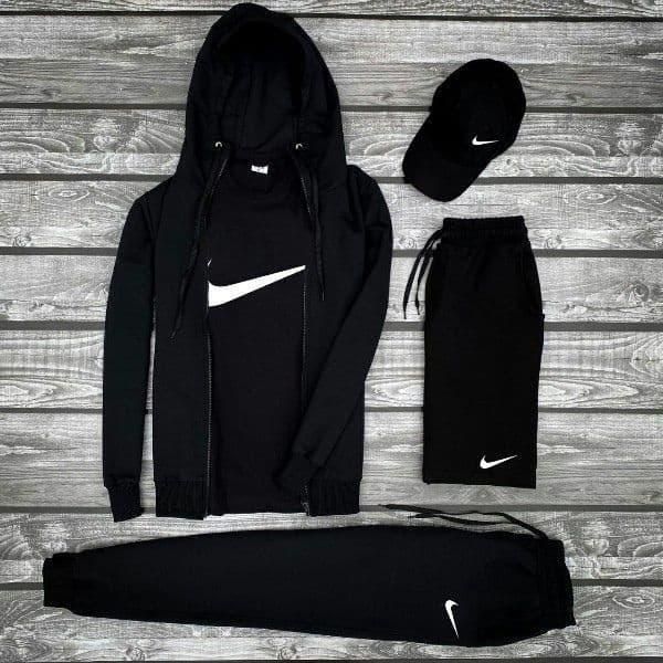 Чоловічий спортивний костюм Nike 5в1 чорний Комплект Найк Кофта Штани Футболка Шорти Кепка Мой-36 фото