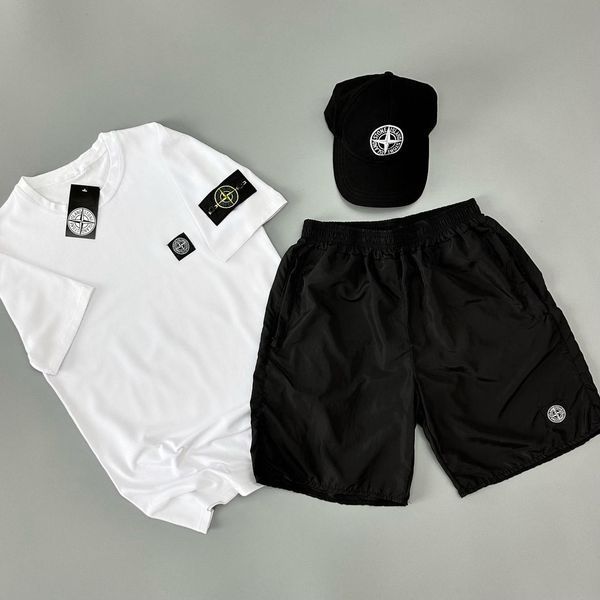 Мужской летний костюм Stone Island Футболка Шорты Кепка белый с патчем Стон Айленд Will-SS0021 фото