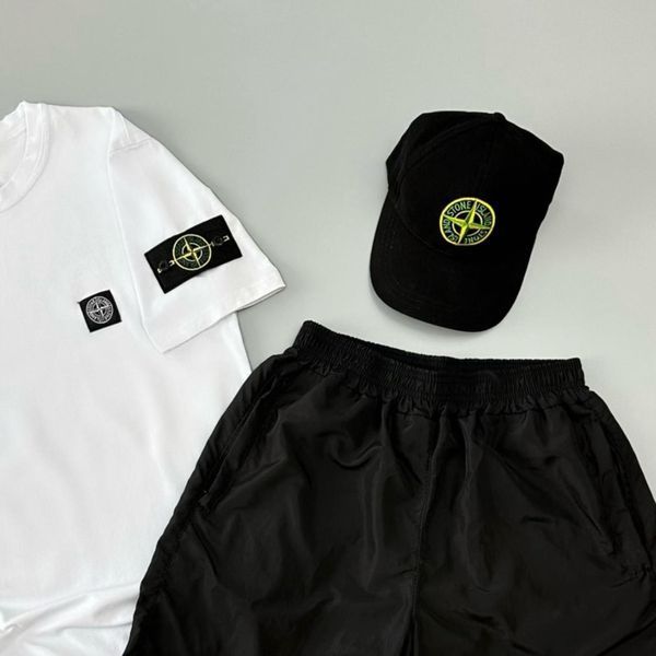 Мужской летний костюм Stone Island Футболка Шорты Кепка белый с патчем Стон Айленд Will-SS0021 фото