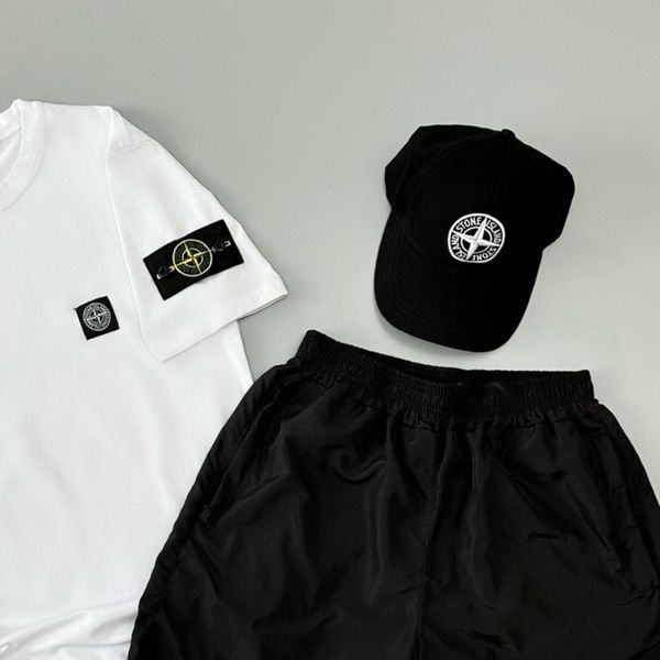 Мужской летний костюм Stone Island Футболка Шорты Кепка белый с патчем Стон Айленд Will-SS0021 фото