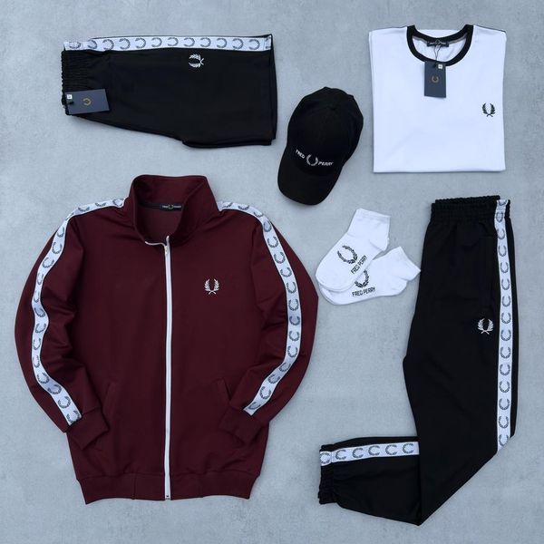 Чоловічий набір Fred Perry 6в1 бордовий з чорним Комплект Фред Перрі Кофта Штани Шорти Футболка Кепка Хар-621 фото