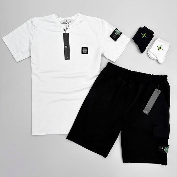 Мужской летний костюм Футболка Шорты Кепка Stone Island черно-белый с патчем Стон Айленд хар-890 фото