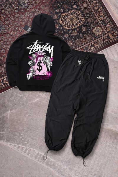 Мужской спортивный костюм Stussy черно-белый с капюшоном Комплект Худи Штаны плащевка Стусси Ads-421 фото