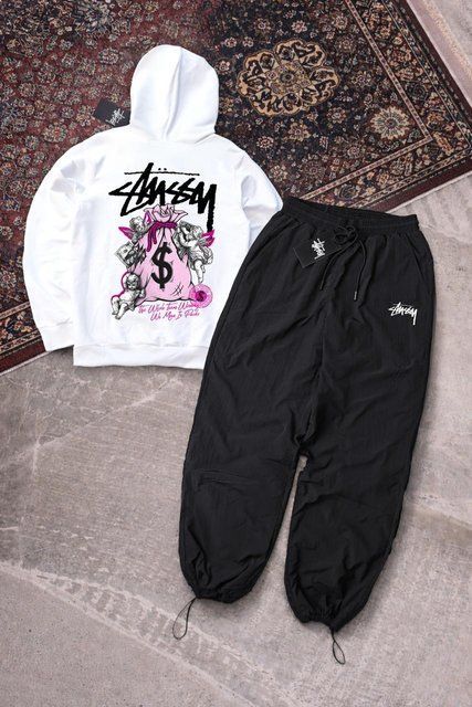 Мужской спортивный костюм Stussy черно-белый с капюшоном Комплект Худи Штаны плащевка Стусси Ads-421 фото