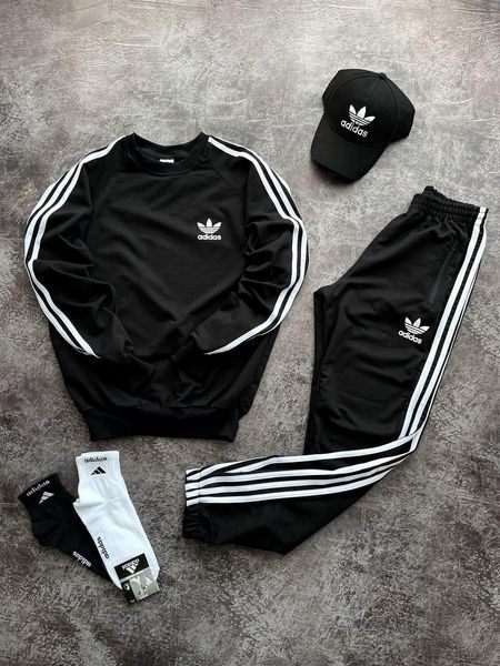 Мужской спортивный костюм Adidas 3в1 черный Набор Адидас Свитшот Штаны Кепка Мой-77 фото