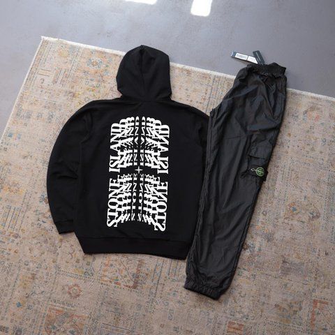 Мужской спортивный костюм Stone Island черный плащевка Комплект Худи Штаны Стон Айленд с капюшоном Ads-397 фото