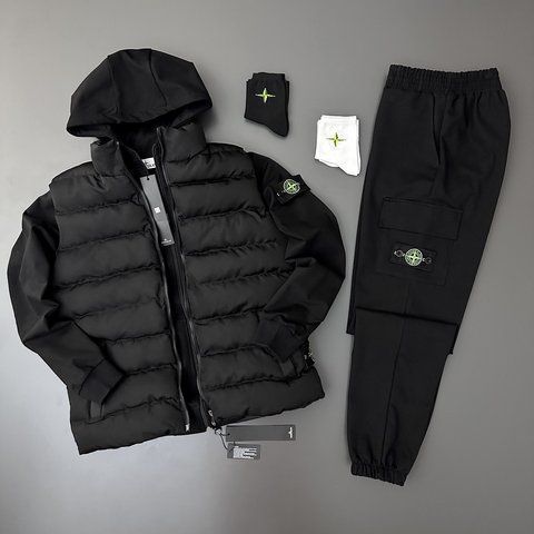 Мужской спортивный костюм Stone Island с капюшоном черный Набор Стон Айленд Жилетка Зип худи Штаны Хар-389 фото