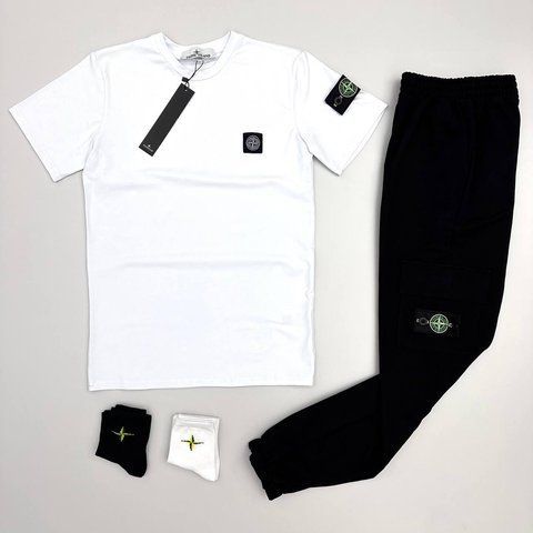 Мужской летний костюм Stone Island Футболка Штаны белый с патчем Стон Айленд Хар-212 фото