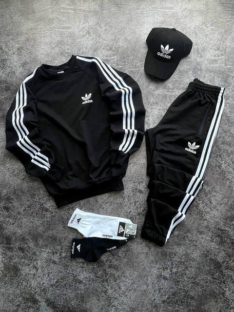 Мужской спортивный костюм Adidas 3в1 черный Набор Адидас Свитшот Штаны Кепка Мой-77 фото