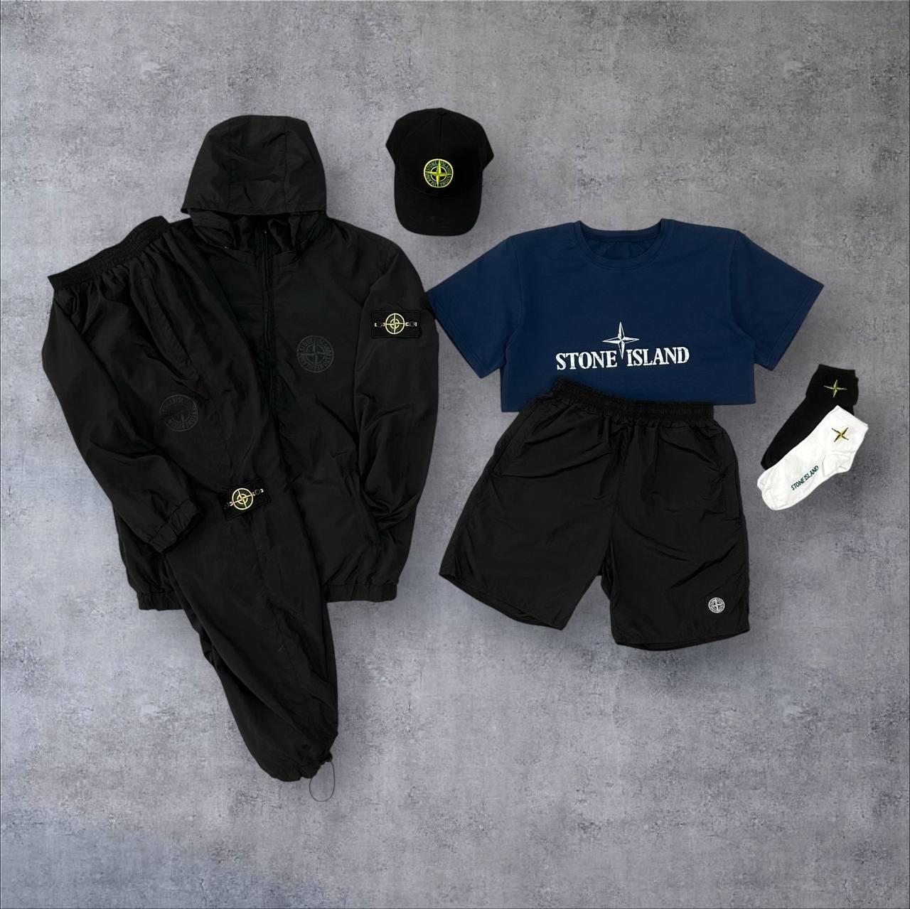 Чоловічий спортивний костюм Stone Island 7в1 чорний Стон Айленд Вітровка Штани Футболка Шорти Кепка