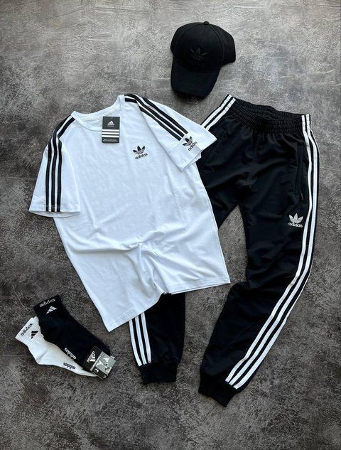 Мужской летний костюм Adidas белый с черным Набор Адидас Футболка Штаны Кепка Pav-504 фото