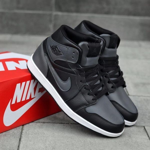 Мужские зимние кроссовки Nike Air Jordan 1 черные с серым Найк Джордан кожаные Arm-A831 фото