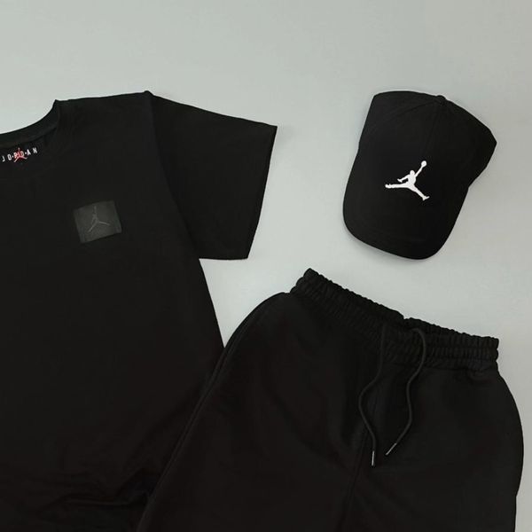 Мужской летний костюм Air Jordan Футболка Шорты Кепка хлопковый черный Комплект Джордан Will-J0014 фото