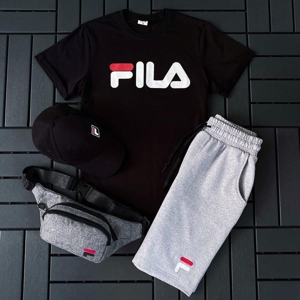 Чоловічий літній костюм Fila Футболка Шорти Кепка Барсетка чорний комплект Філа Ow-158 фото