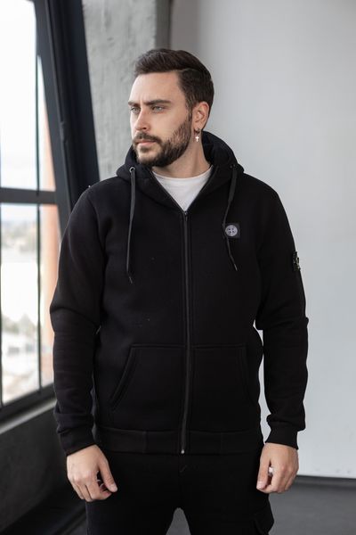 Чоловіча зимова кофта Stone Island з патчем чорна Зіп худі Стон Айленд на блискавці Хар-338 фото