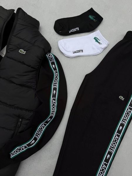 Мужской спортивный костюм Lacoste 3в1 черный Набор Лакоста Кофта на молнии Штаны Жилетка Хар-671 фото