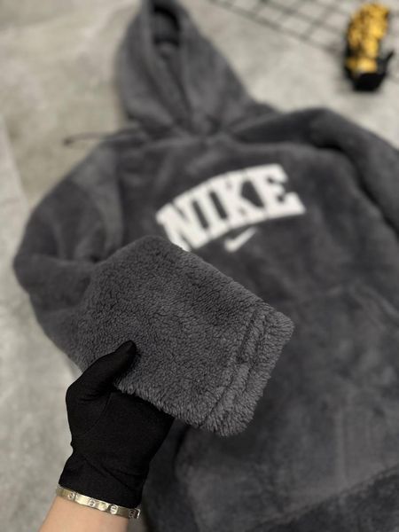 Мужское зимнее худи Nike плюшевое серое Кофта тедди Найк с капюшоном Моло-60KK фото