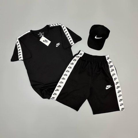 Мужской летний костюм Nike Футболка Шорты Кепка черный Комплект Найк с лампасами Will-N0028+N0099 фото