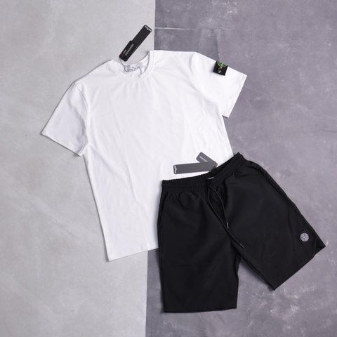 Мужской летний костюм Stone Island Футболка Шорты белый с черным с патчем Стон Айленд Ads-311 фото
