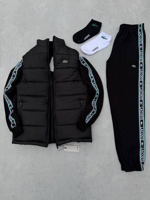 Мужской спортивный костюм Lacoste 3в1 черный Набор Лакоста Кофта на молнии Штаны Жилетка Хар-671 фото