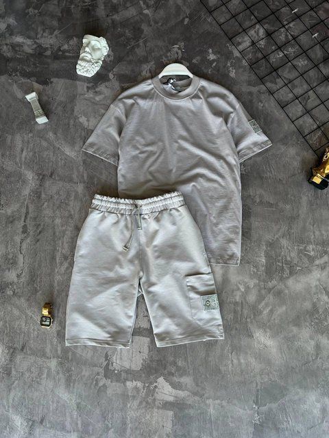 Чоловічий літній костюм Stone Island Футболка Шорти сірий із патчем Стон Айленд Моло-45A-2 фото