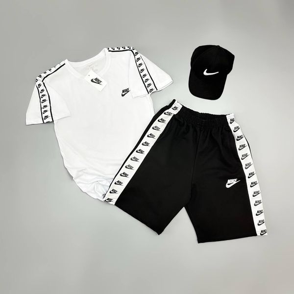 Чоловічий літній костюм Nike Футболка Шорти Кепка чорний Комплект Найк із лампасами Will-N0028+N0099 фото