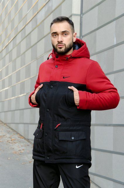 Мужская зимняя парка Nike черная с красным с капюшоном Пуховик Найк Intr-1591254594 фото