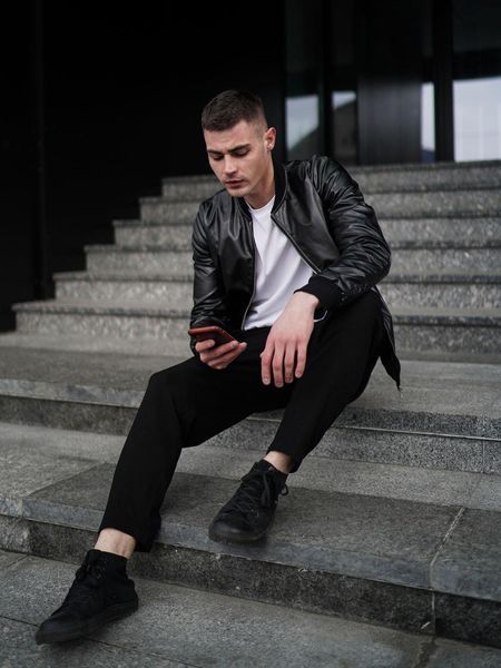 Чоловічий шкіряний бомбер чорний Куртка без капюшона весняна осінка Ram-б004 1 фото