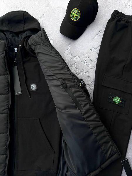 Мужской костюм Stone Island с патчем черный Комплект Стон Айленд Жилетка Кепка Хар-562 фото