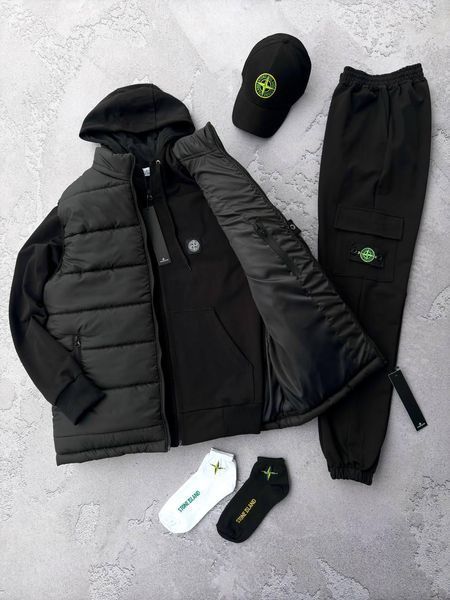 Мужской костюм Stone Island с патчем черный Комплект Стон Айленд Жилетка Кепка Хар-562 фото