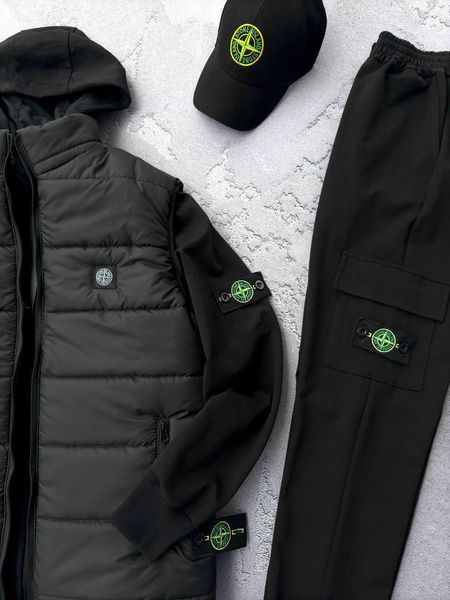 Мужской костюм Stone Island с патчем черный Комплект Стон Айленд Жилетка Кепка Хар-562 фото