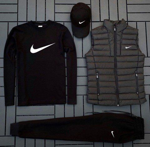 Мужской спортивный костюм Nike 5в1 черный Комплект Найк Свитшот Штаны Футболка Кепка Жилетка OW-94 фото